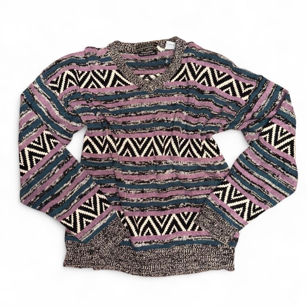 Peninsula Collection Zig Zag Geometric Knit Sweater Size L Silk Cotton VTG 80s